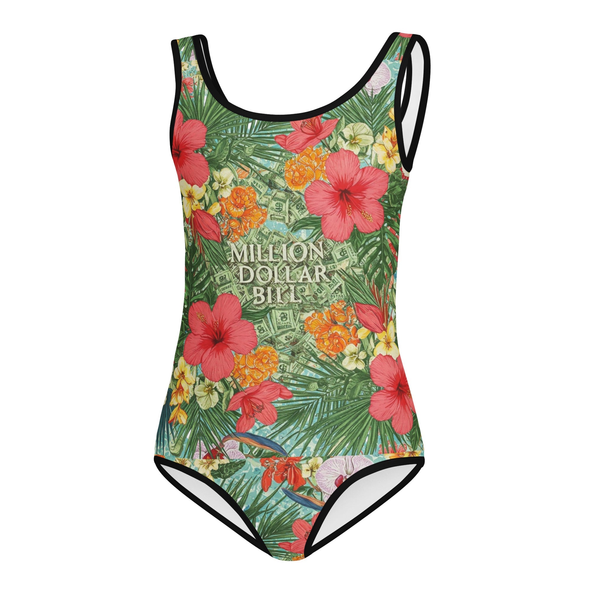 MDB Co. FLORAL BILLS All-Over Print Kids Swimsuit (BLACK STITCH) - The Million Dollar Bill Co. CUT-SEW bills black stitch 1