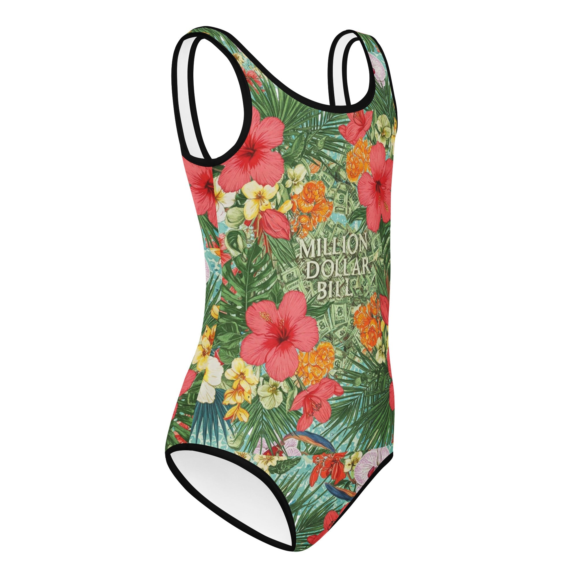 MDB Co. FLORAL BILLS All-Over Print Kids Swimsuit (BLACK STITCH) - The Million Dollar Bill Co. CUT-SEW bills black stitch 3