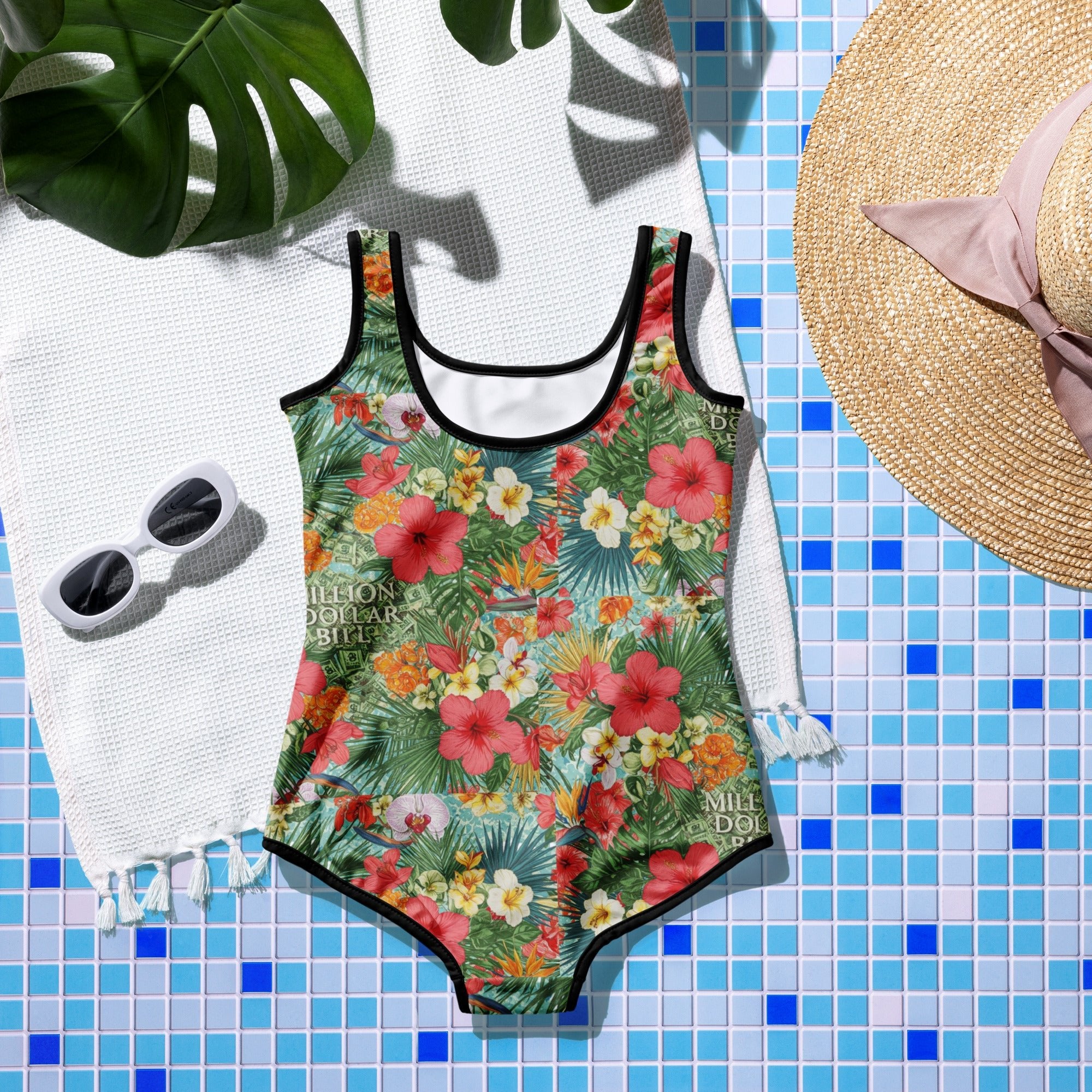 MDB Co. FLORAL BILLS All-Over Print Youth Swimsuit (black stitch) - The Million Dollar Bill Co. CUT-SEW black bills