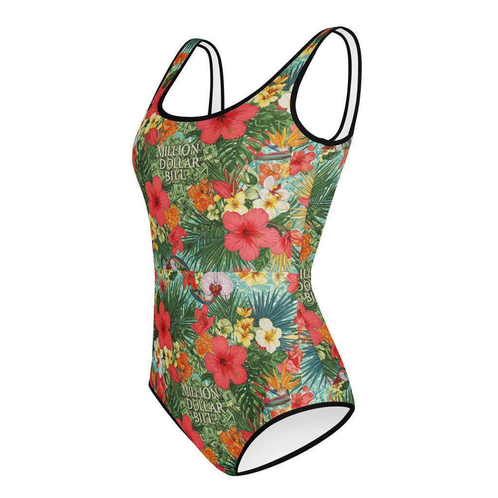 MDB Co. FLORAL BILLS All-Over Print Youth Swimsuit (black stitch) - The Million Dollar Bill Co. CUT-SEW black bills