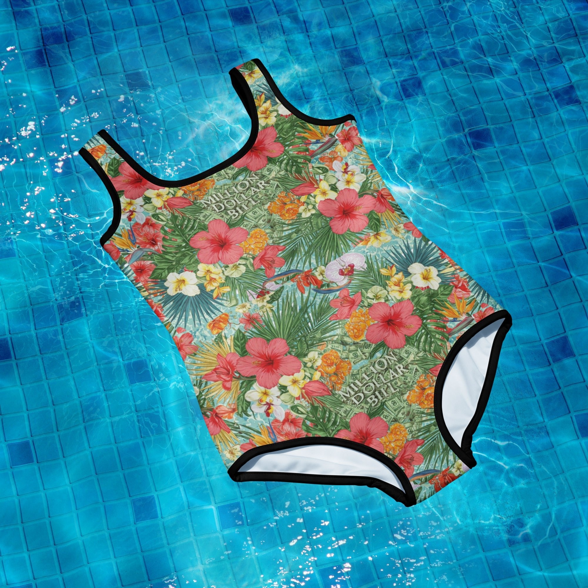 MDB Co. FLORAL BILLS All-Over Print Youth Swimsuit (black stitch) - The Million Dollar Bill Co. CUT-SEW black bills