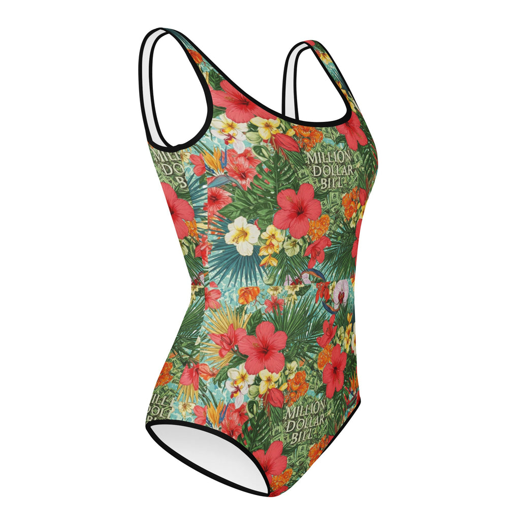 MDB Co. FLORAL BILLS All-Over Print Youth Swimsuit (black stitch) - The Million Dollar Bill Co. CUT-SEW black bills