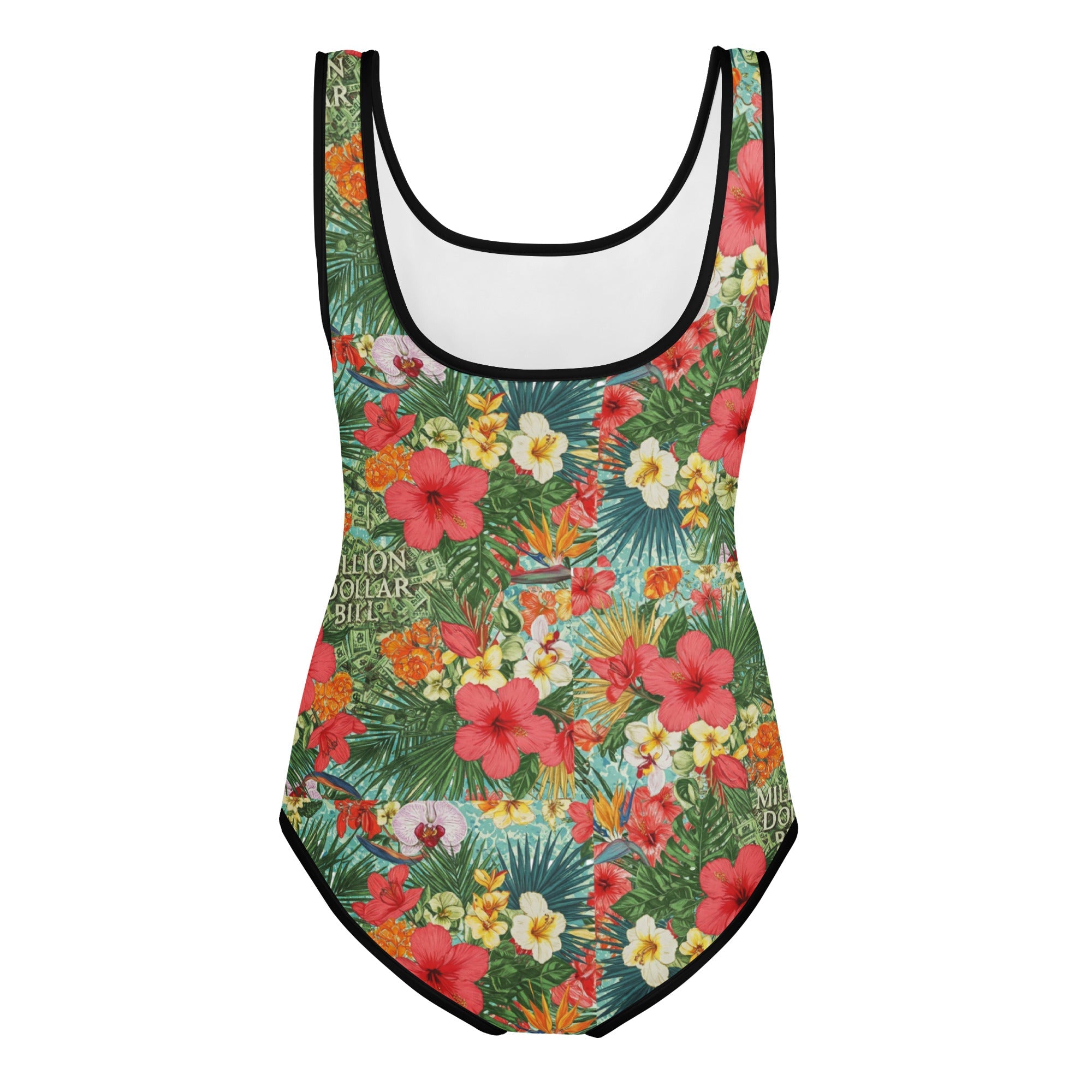 MDB Co. FLORAL BILLS All-Over Print Youth Swimsuit (black stitch) - The Million Dollar Bill Co. CUT-SEW black bills