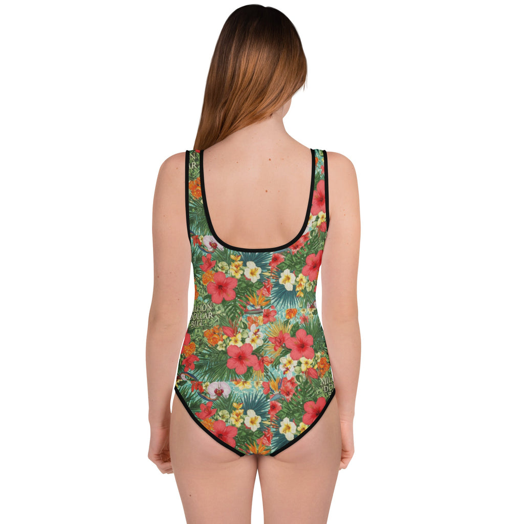 MDB Co. FLORAL BILLS All - Over Print Youth Swimsuit (WHITE STITCH) - The Million Dollar Bill Co.