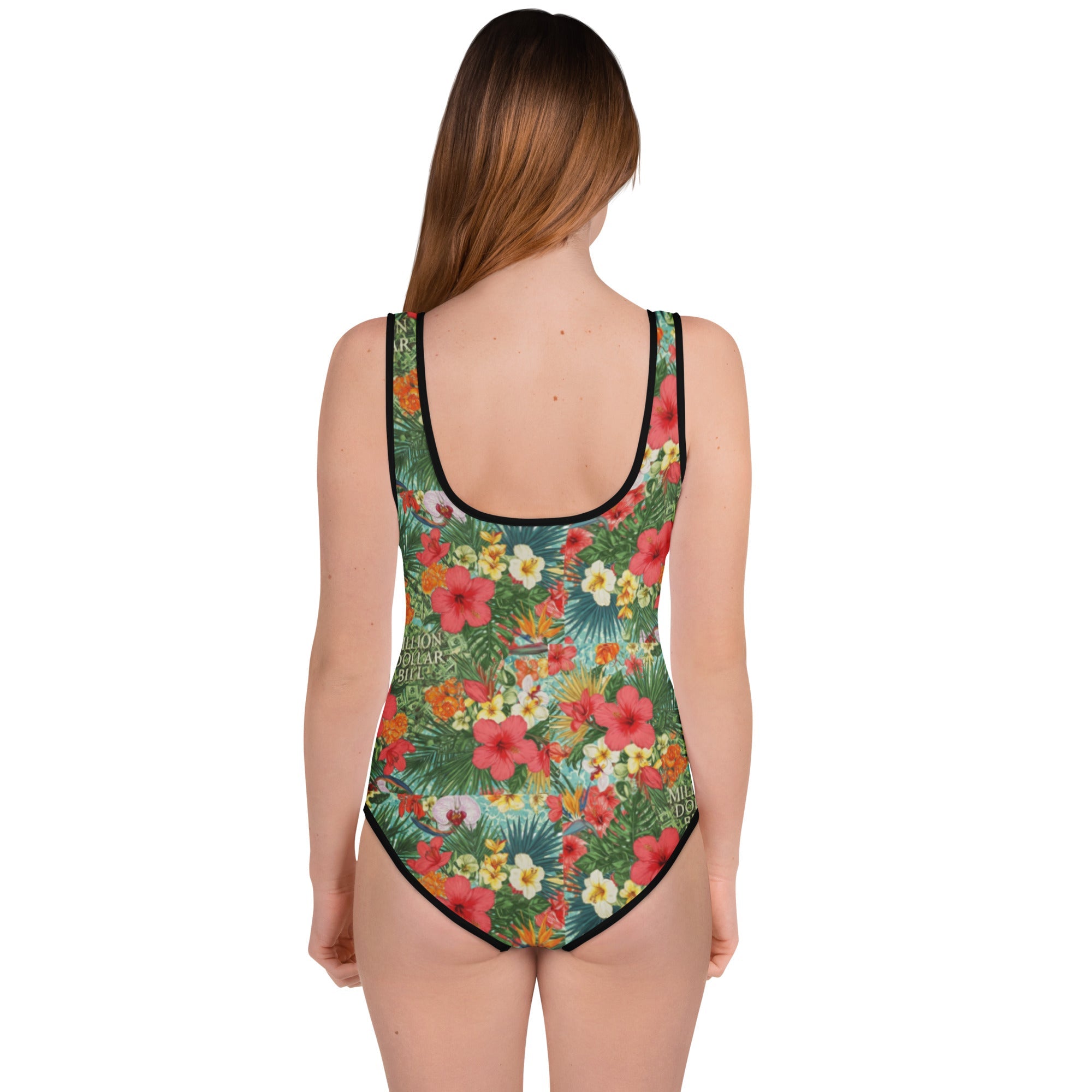 MDB Co. FLORAL BILLS All - Over Print Youth Swimsuit (WHITE STITCH) - The Million Dollar Bill Co.