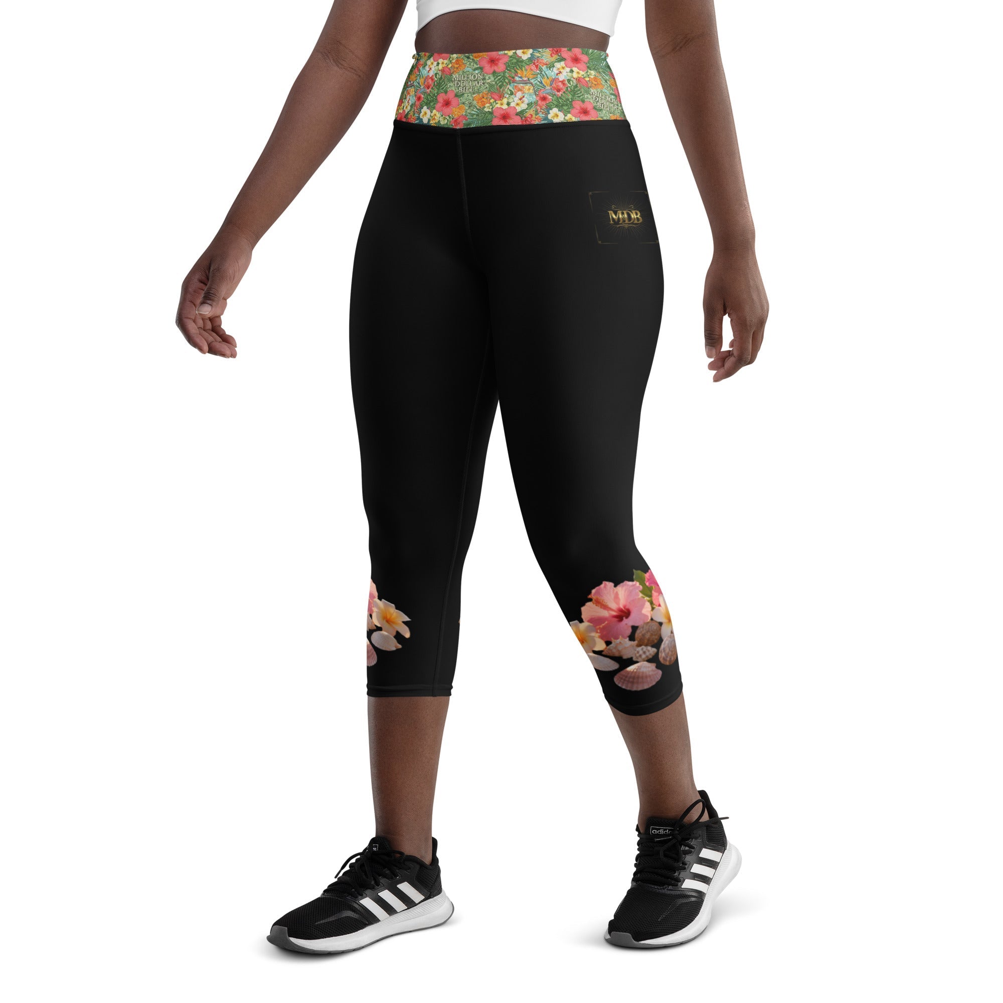 MDB Co. TROPICAL FLORAL Yoga Capri Leggings (BLK/WHT) - The Million Dollar Bill Co.